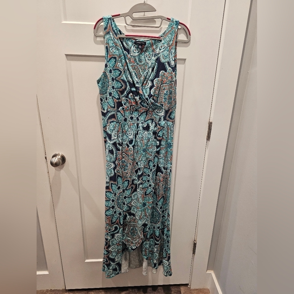Lands’ End Sleeveless Faux Wrap Paisley Maxi Dress Women Medium 10 12 Blue Teal